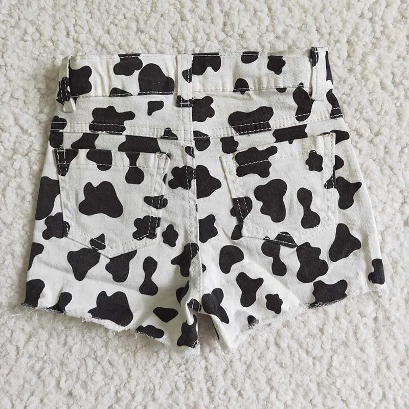 Baby Girl Summer Cow Print Ripped Denim Kid Boutique Children Toddler Pocket Button Ripped Shorts Jeans Elastic Fashion Clothing