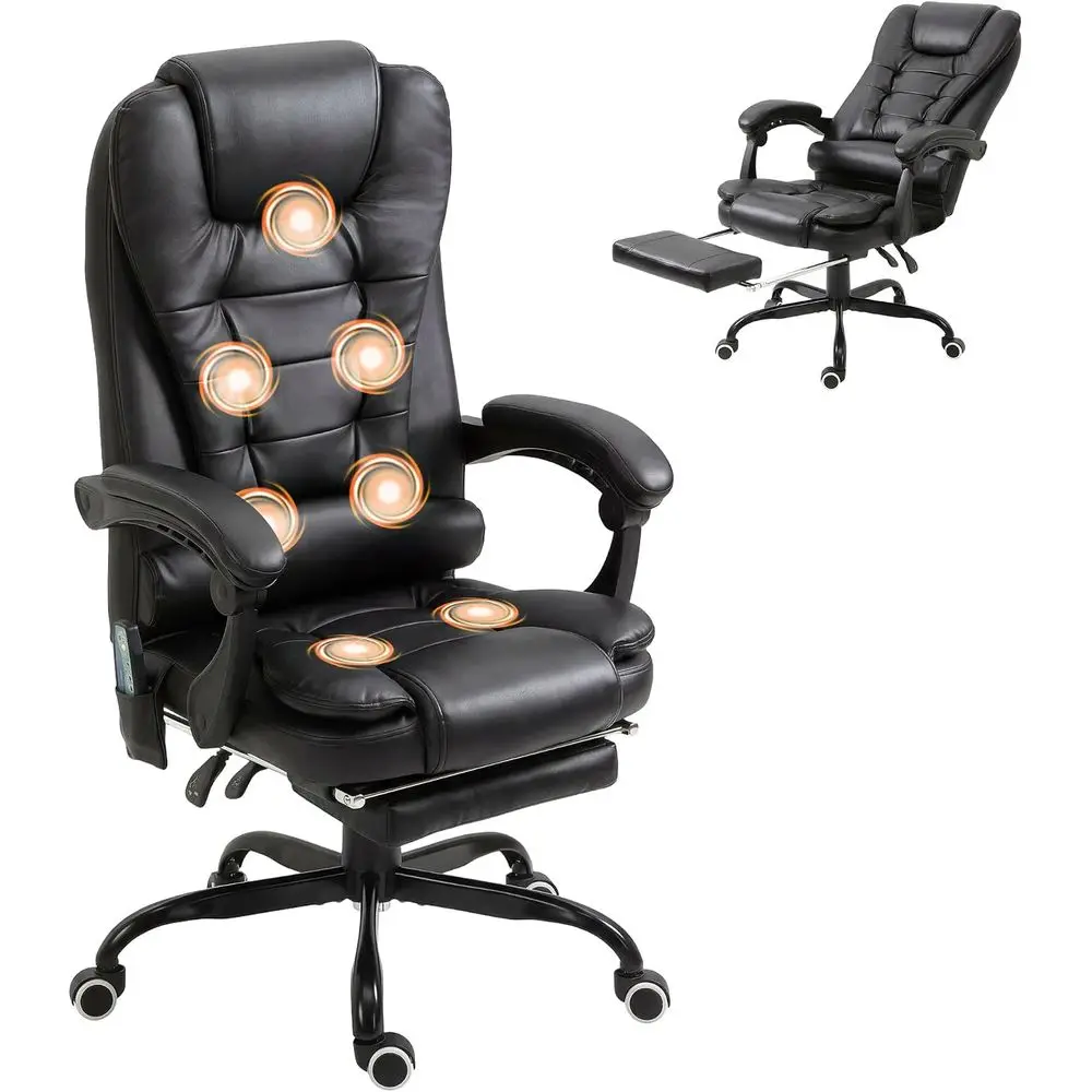 Silla de masaje vibratoria de 7 puntos, respaldo alto, negra | Silla de ordenador, soporte lumbar, reposapiés, respaldo reclinable, altura ajustable