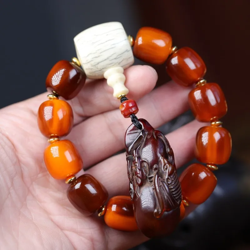 Turtle bead bracelet with cane pattern, gold shell DIY cow bone three-way connector, old ox horn fortune and longevity pen