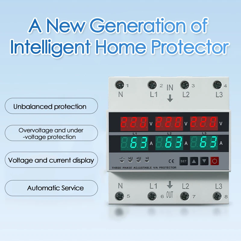 100A/63A 3 Phase Adjustable Over and Under Voltage Protector Overcurrent Protection Din Rail Voltmeter Ammeter Relays Protector