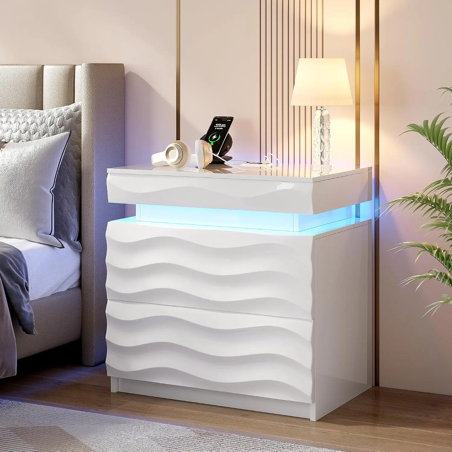 LED Nightstand with Hidden Gun Drawer and Sensor Light - White | Bedside Table - 23.6-Inch Width, 2 Drawers, Human Sensor, USB a