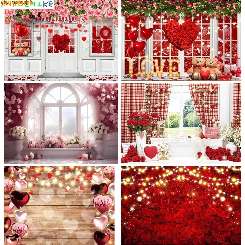 

Vinyl Custom Valentine's Day Wedding Photography Backdrops Props Rose Love Heart Romantic Photo Balloons Party Background VS-99