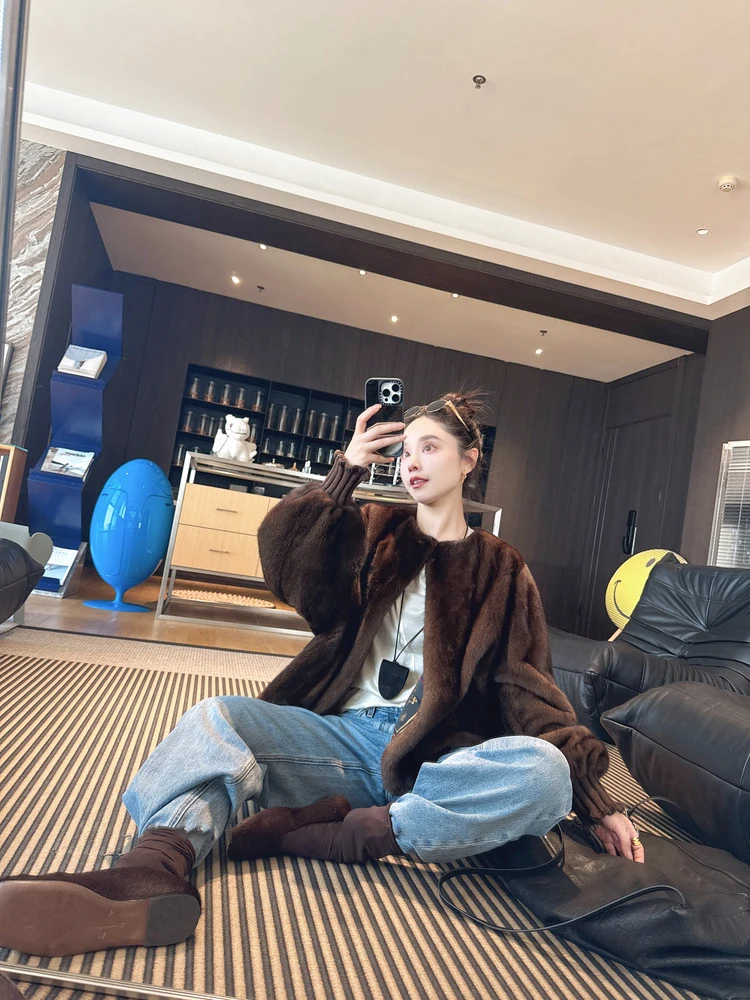 Lautaro Autumn Winter Brown Thick Warm Soft Faux Mink Fur Coat Women Lantern Sleeves Elegant Luxury Chic Fluffy Jacket 2026