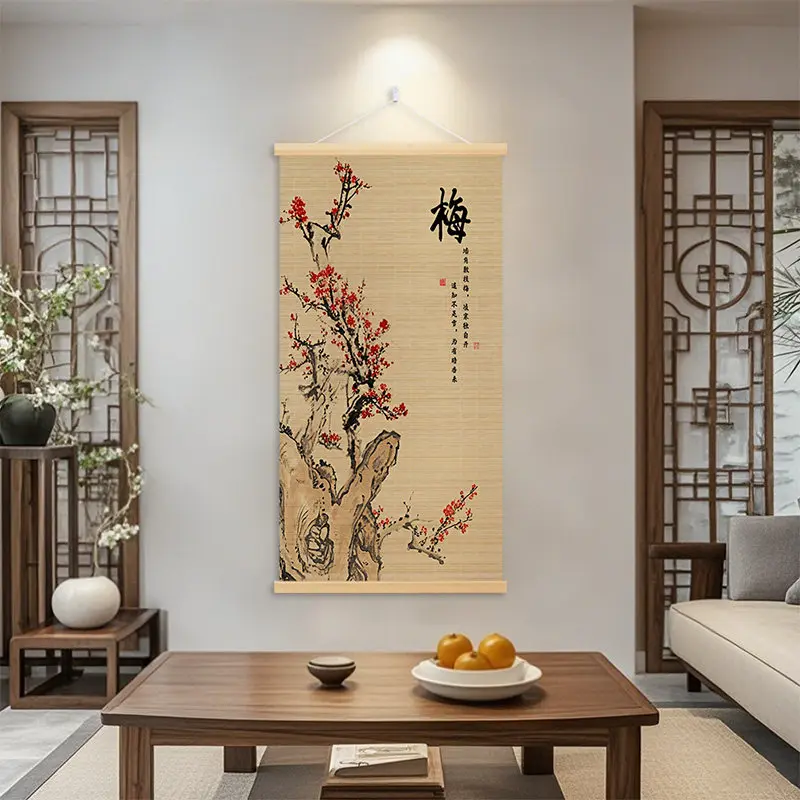 Home Decor Bamboo Scroll Wall Art Four Gentlemen Plum Orchid Bamboo Chrysanthemum Asian Zen Aesthetic for Tea Room Living Room