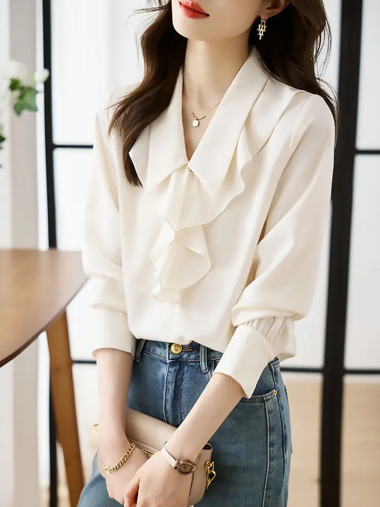 

Loose Casual Chiffon Long Sleeved Shirt Women's White Shirt Korean Style Clothes White Blouse Mushroom Edge Shirt Top for Women