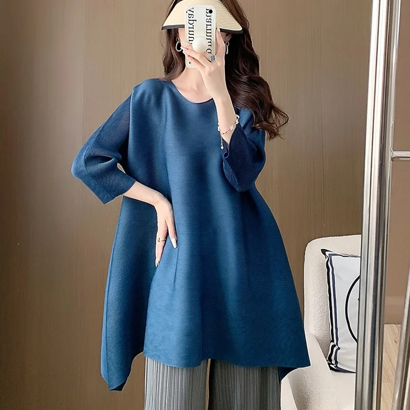 

Женский плиссированный топ Miyake больших размеров, новинка 2026 года, свободный минималистичный лонгслив, легкий, средней длины, с высокой эластичностью