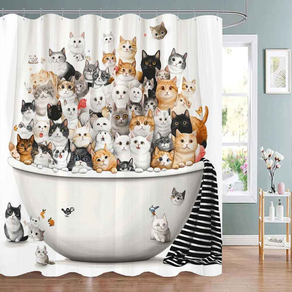 

Занавеска для душа с принтом милого кота в ванной для современного декора ванной комнаты, тканевая моющаяся занавеска для дома с крючками