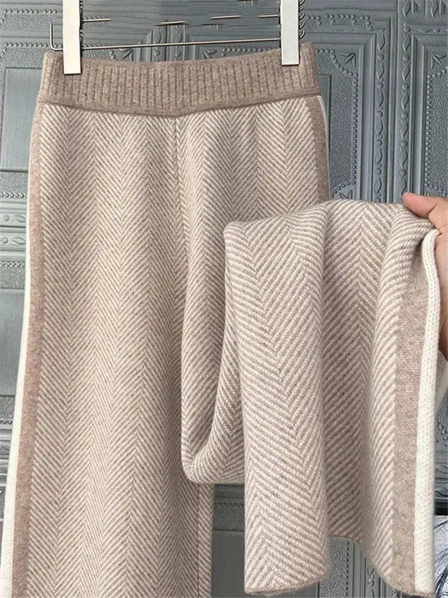 Autumn Winter Knitted Wide Leg Pants Womens Pants Warm Thick Herringbone Pantalones Korean Fashion Woolen Oversize 4xl Trousers