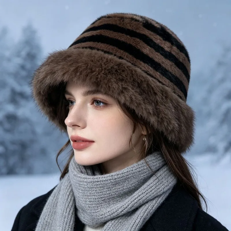 Ladies Thick Faux Fur Bucket Hat Striped Plush Fisherman Cap Warm Wide Brim Hat For Snow Scene Outdoor Daily Winter Fashion Wear