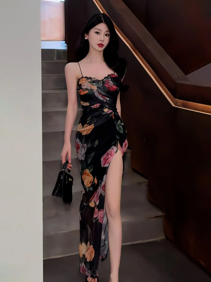 Sukienka damska letnia w stylu retro z kwiatowym wzorem, nowa, seksowna, wyszczuplająca, długa, z wysokim stanem, rozcięciem i zamkiem błyskawicznym...