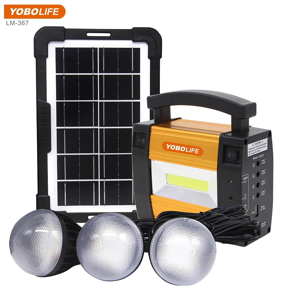 YOBOLIFE solar power system with 3LED bulbs for outdoor lighting with mobile phone charging