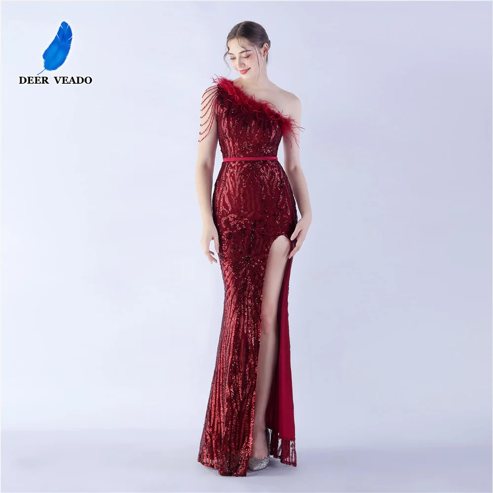 DEERVEADO 10 Colors Elegant Mermaid Slit One Shoulder Sequins Evening Dresses with Feathers Graduation Prom Party Dresses Long