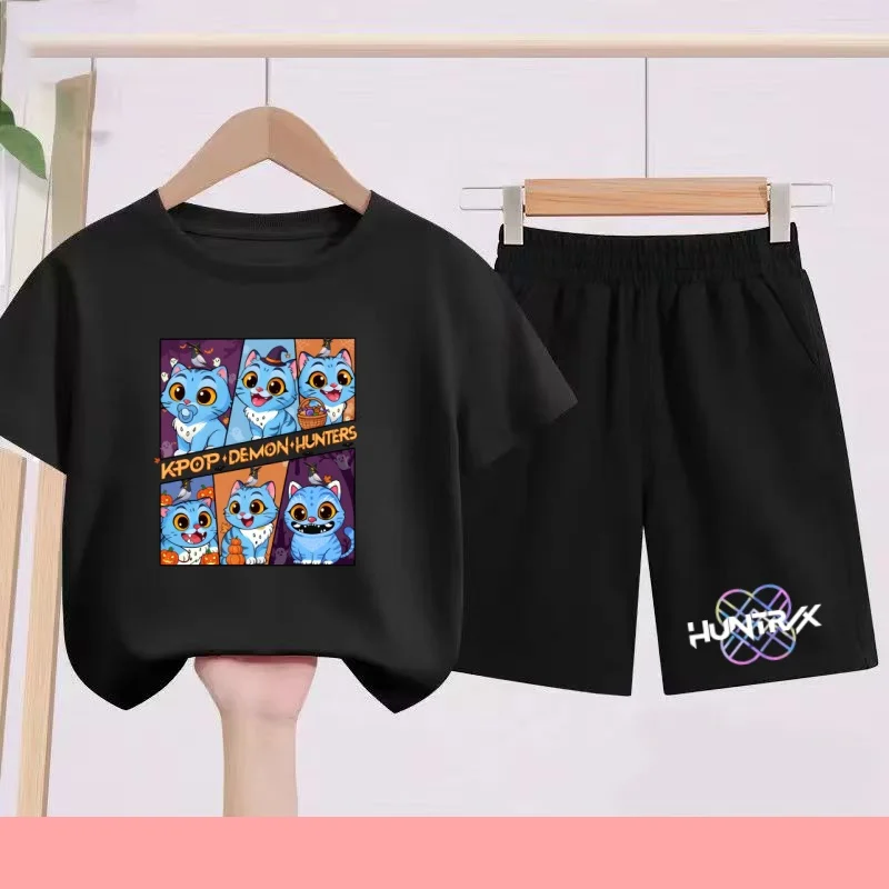 

Summer 2 Piece Set 3-12 Age Children T-Shirt Casual Anime Cartoon Cat Short Sleeve+Shorts Comfortable Breathable Sportswear