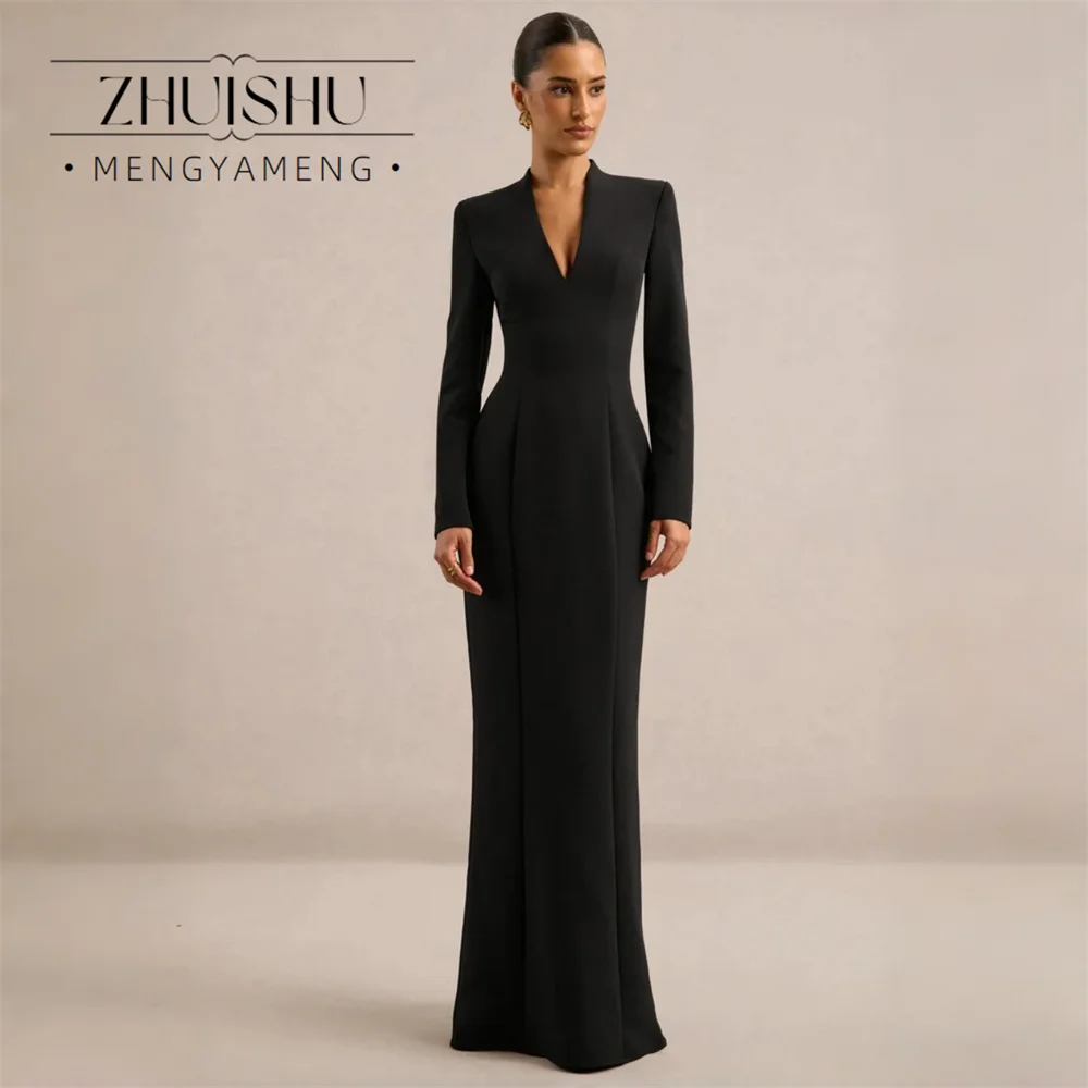 Vintage Black Long Sleeves Mermaid Evening Dress 2026 V-Neck Floor Length Women Formal Party Gowns Customized Vestido De Festa