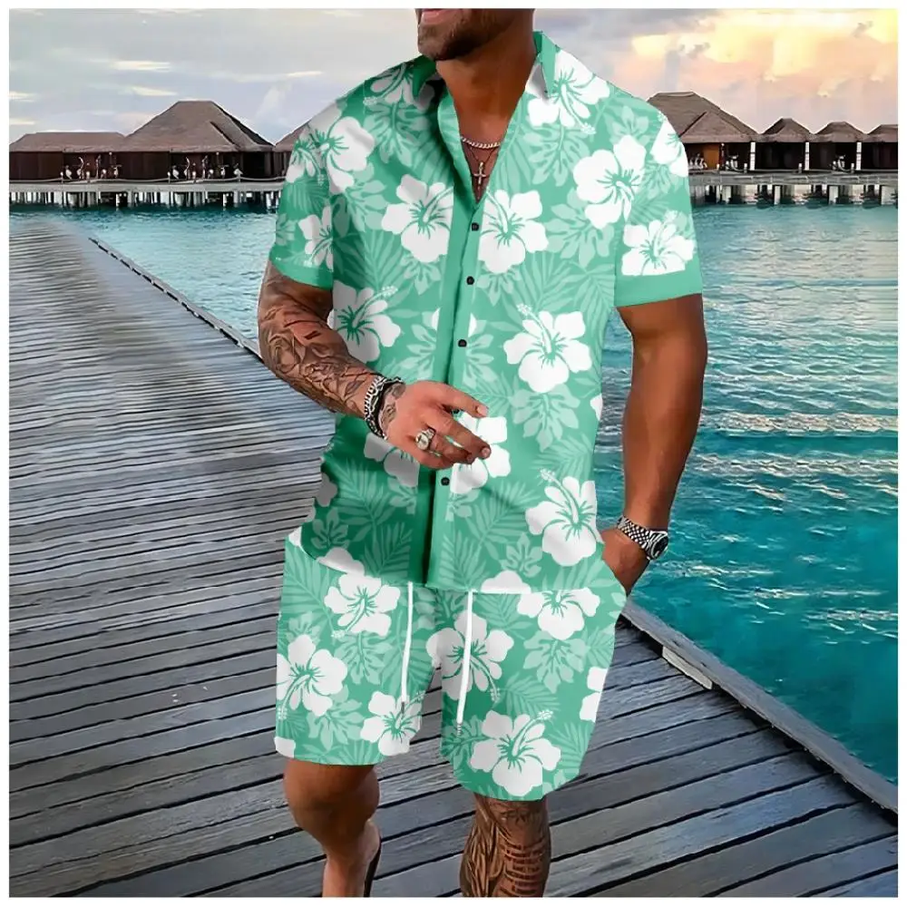 

Hawaiian suit, men's 3D Plant Print Shirt short-sleeved shirt, Casual plus-size Beach shorts, Streetwear