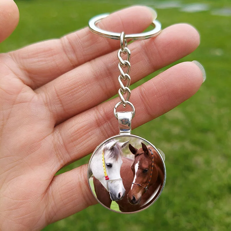 New Horse Keychain for Men Women Horses Glass Picture Handmade Silver Plated Keyring Animal Jewelry