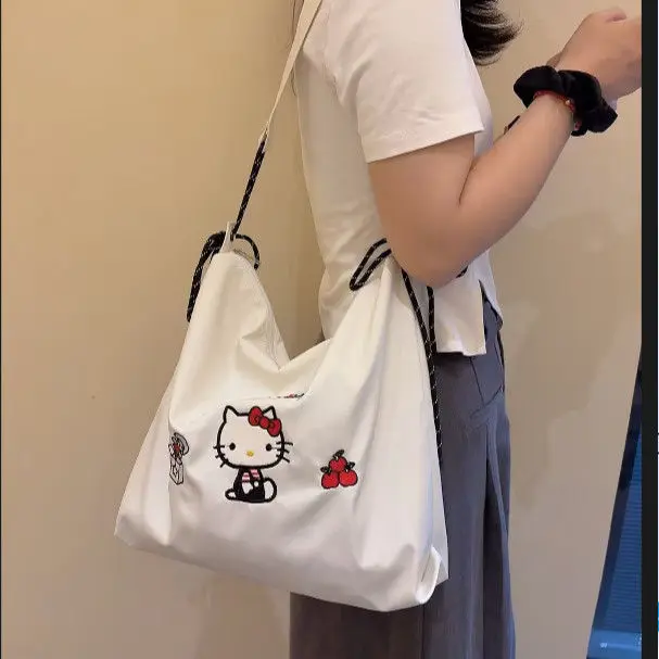 

Kawaii Hello Kitty Handbag Cute Cartoon Canvas Bag Women New Summer Shoulder Cute Embroidery Large Capacity Commuter Tote Bag