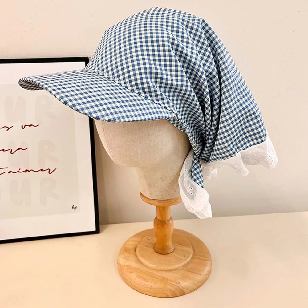 Driving Rural Style Headscarf Baseball Hat Breathable Cotton Scarf Peaked Cap Plaid Soft Strappy Bandana Cap Mountaineering