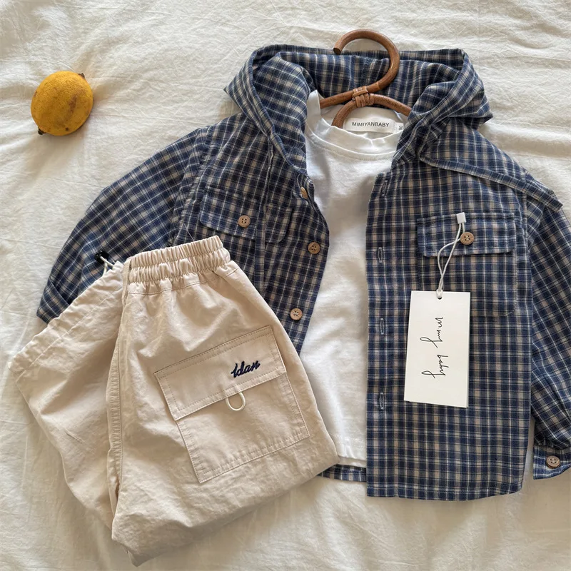 Children's Shirts 2025 Spring New Boys and Girls Hooded Plaid Shirts Baby Shirts Jacket