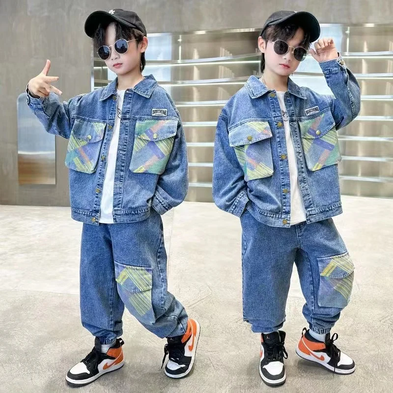 New Spring Autumn Tracksuit Kids Denim Set 2pcs 5-14 Years Fashion Patchwork Top Outerwear Coat + Jeans Kids Outfits 2024 New