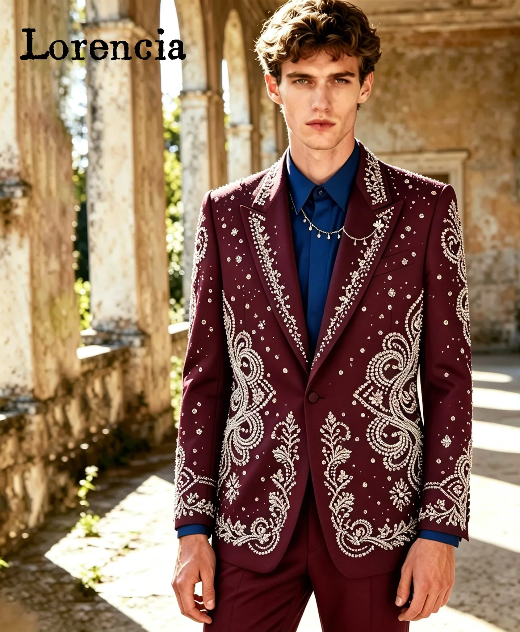 Rhinestone Men 2 Piece Suit Paisley Embroidery Wedding Groom Tuxedo Peak Lapel Blazer Pants Customized men's suits and separates