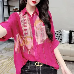 Streetwear Losse Stijlvolle Single-Breasted Blouse Zomer Casual Gedrukt Vrouwelijke Kleding Polo-Hals Korte Mouw Chic Diamonds Shirt