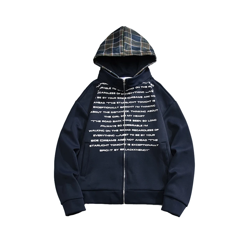 

Men's Hoodies Letter Print Patchwork Plaid Hooded Loose Casual Jacket Zipper Long Sleeves Pockets Spring Sweatshirts Tops