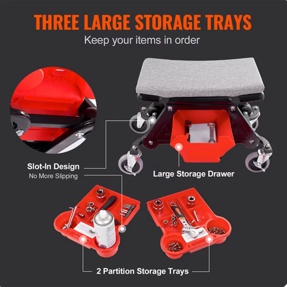 

Rolling Mechanic Seat with Wheels Tool Trays Drawer Heavy Duty Roller Creeper Seat for Home Garage DIY Automotive
