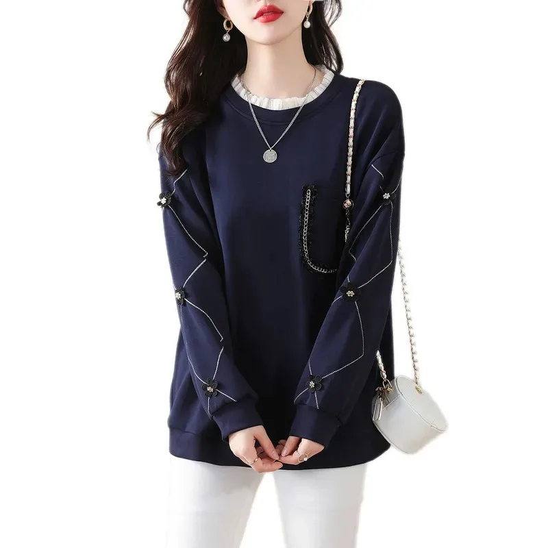 Women's Lace - Spliced Fake Two - Piece Hoodie Autumn/Winter Rhinestone - Decorated Outerwear Top