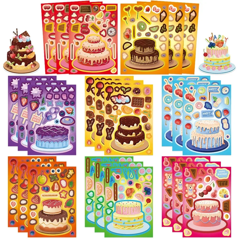 16 Blatt Bunte Cartoon-Kuchen-Gesichter-Puzzle-Aufkleber für Kinder, Sticker für Handy, Computer, Schreibwaren, DIY-Spielzeug, Geheimnisse