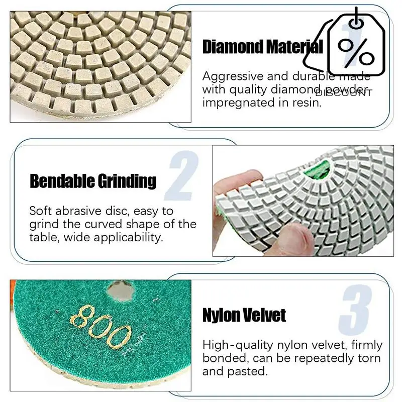 

AB35-11Pcs 3Inch Wet Diamond Polishing Pads Set 50 To 3000 Grit Hook And Loop Backing Sanding For Granite Concrete Marble