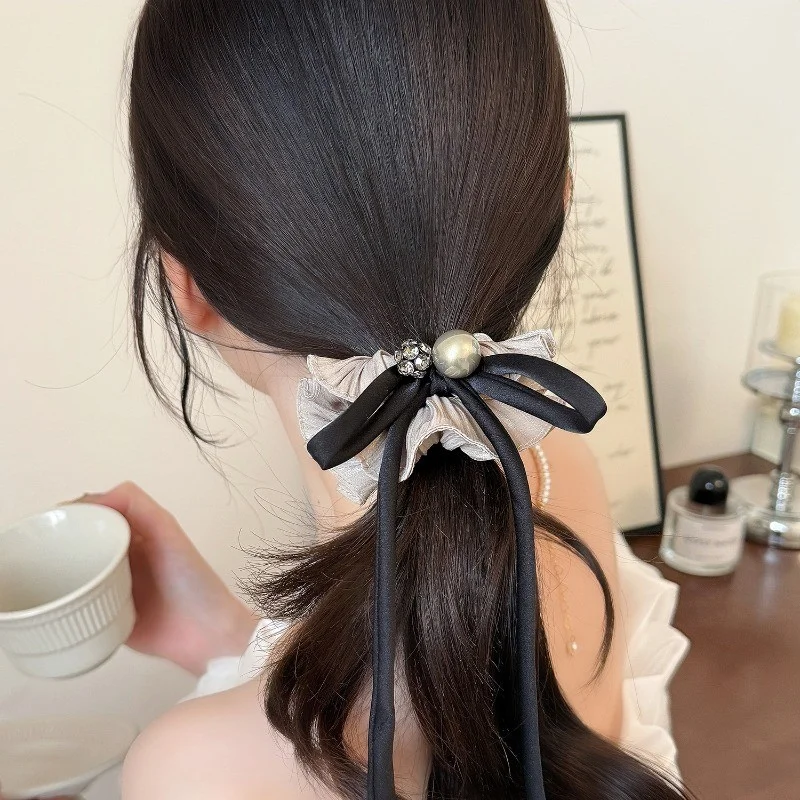 진주 리본 태슬 주름 원단 헤어 로프 여성용 우아한 심플 헤어 로프 패션 소녀 머리카락 손상 없음