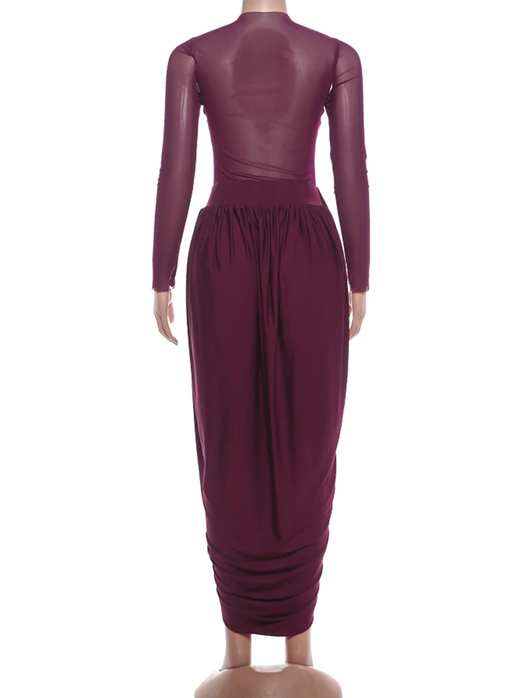 Kliou Maglia Patchwork Abito Lungo Donna o-Collo Manica Lunga Irregolare Increspato Splits Orlo Midnight Prom Party Elegante Skinny Abiti