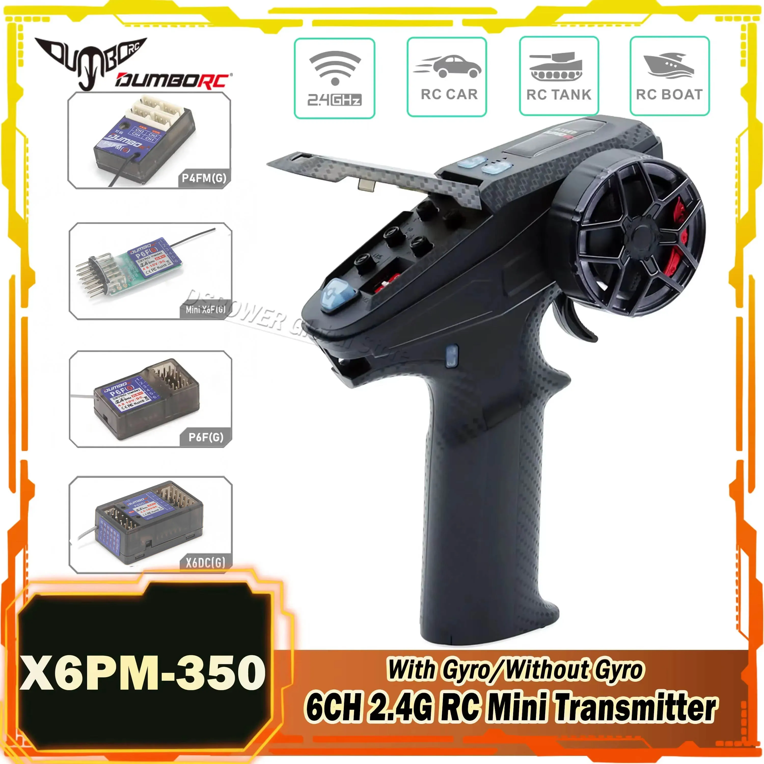 

DUMBORC 6CH Mini Transmitter X6PM-350 2.4G 4.8-12V P4FMG/P6FG/P6DCG Gyro Receiver Radio System for RC Car Boat Tank P4FMG P6FG