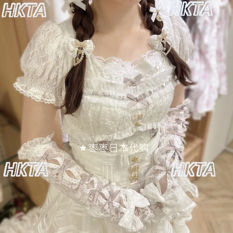 Japanese Fashion Liz Lace Shirt for Women Girls Lolita Blouse Cute Bow Elastic Slim Fit Long Short Sleeve Shirts with Detachable