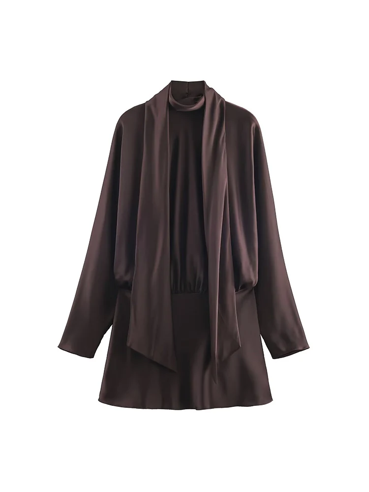 TFMLN – Mini robe en Satin pour femmes, écharpe décorée, élégante, chauve-souris, manches longues, légère, luxe, taille haute, Slim, robe de soirée, mode, nouveau