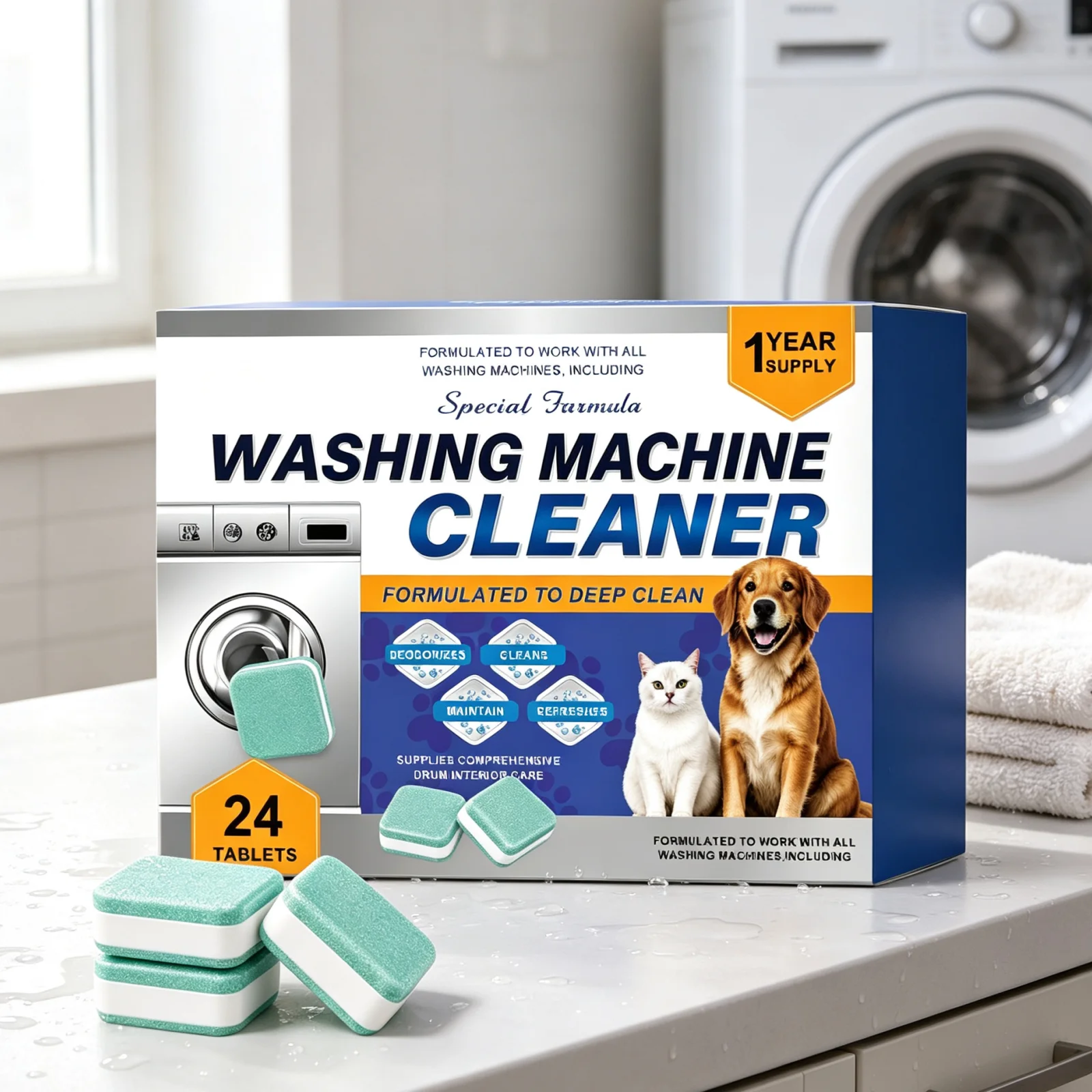 Washing Machine Cleaning Tablets Household Dirt Remover Odor Eliminator Pet Hair Remover Washing Machine Cleaner Tablets 24pcs