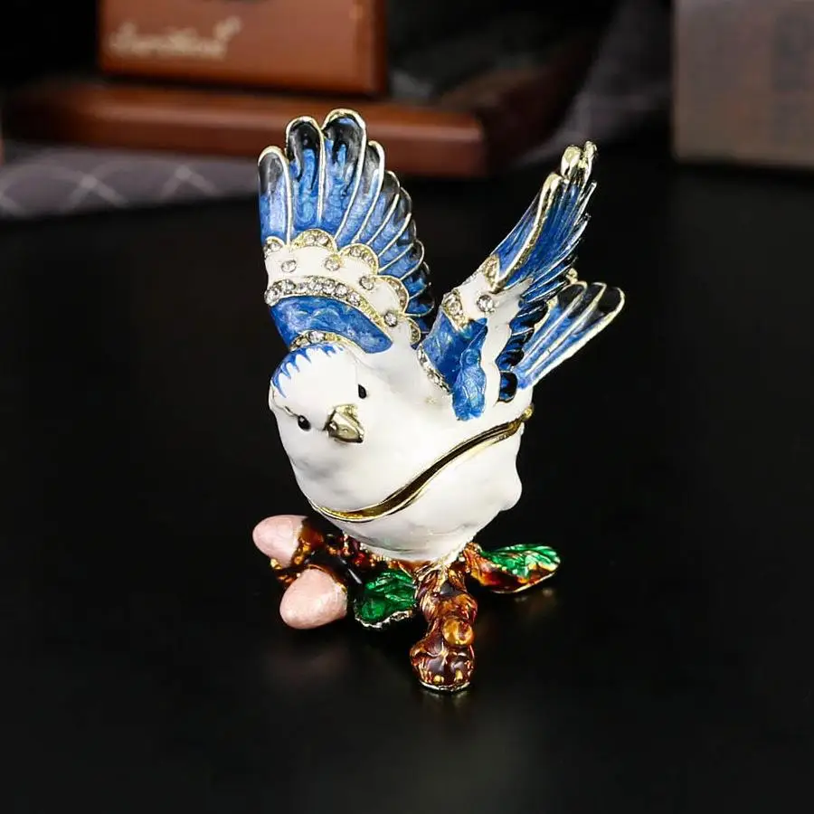 Enamel-decorated diamond-encrusted magpie jewelry box handicraft, jewelry box, dust-proof flip-top earring and ring storage box