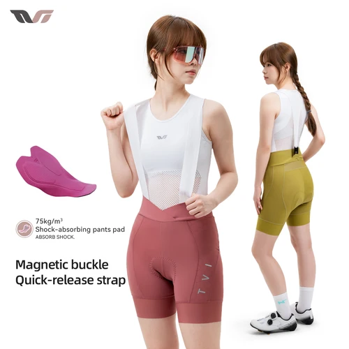 Imagen 2 del producto ROCKBROS-pantalones cortos con pechera para ciclismo para mujer, ropa de bicicleta acolchada, pantalones cortos magnéticos para bicicleta de montaña y carretera, verano