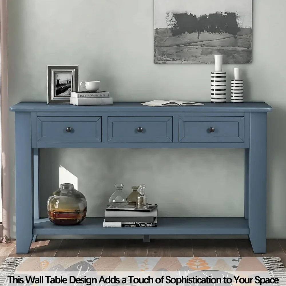 Console Table with Drawers and Long Shelf, Storage Cabinet Sofa Table with Round Handles