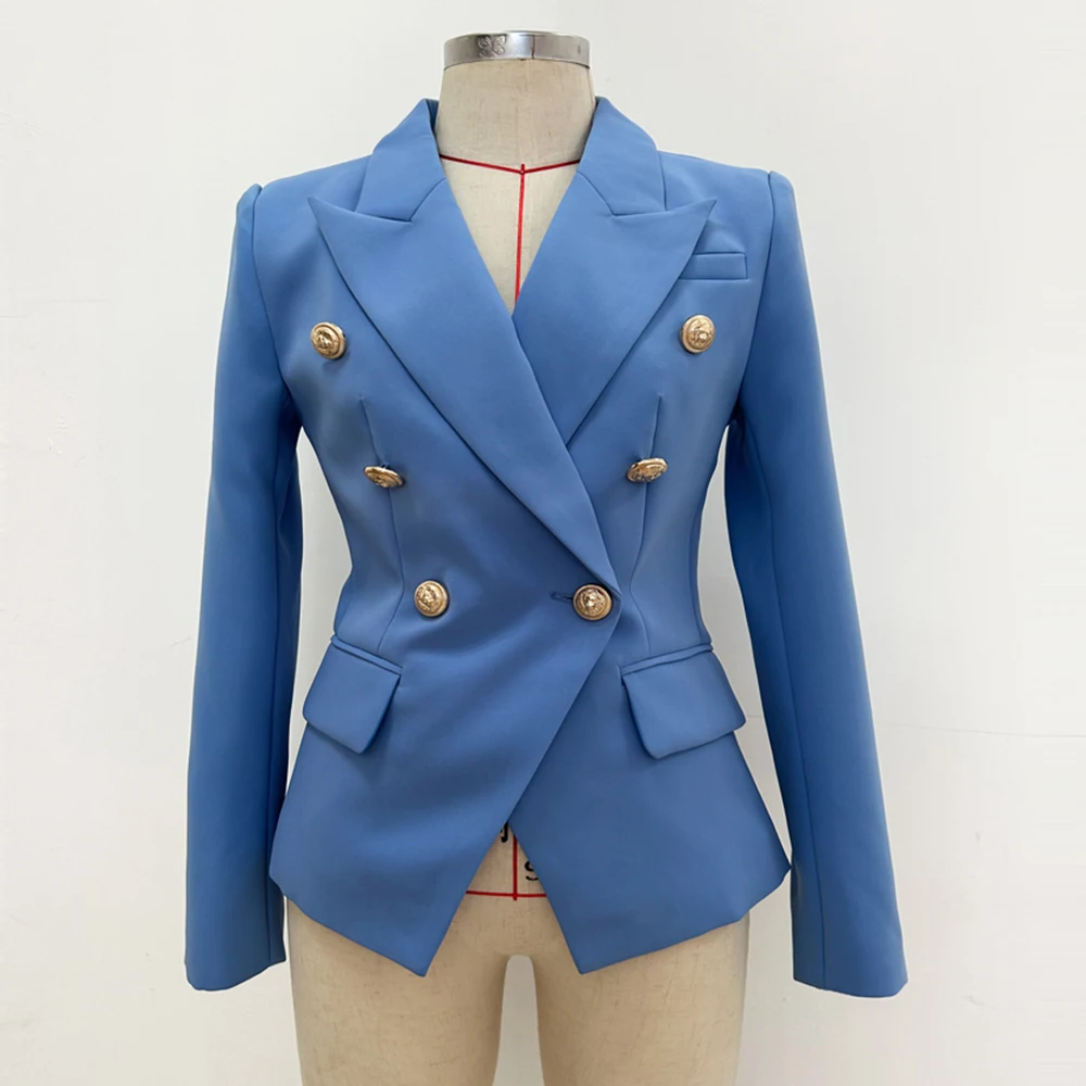 HIGH QUALITY New Fashion 2024 Designer Jacket Women's Classical Metal Lion Buttons Double Breasted Blazer Lake Blue