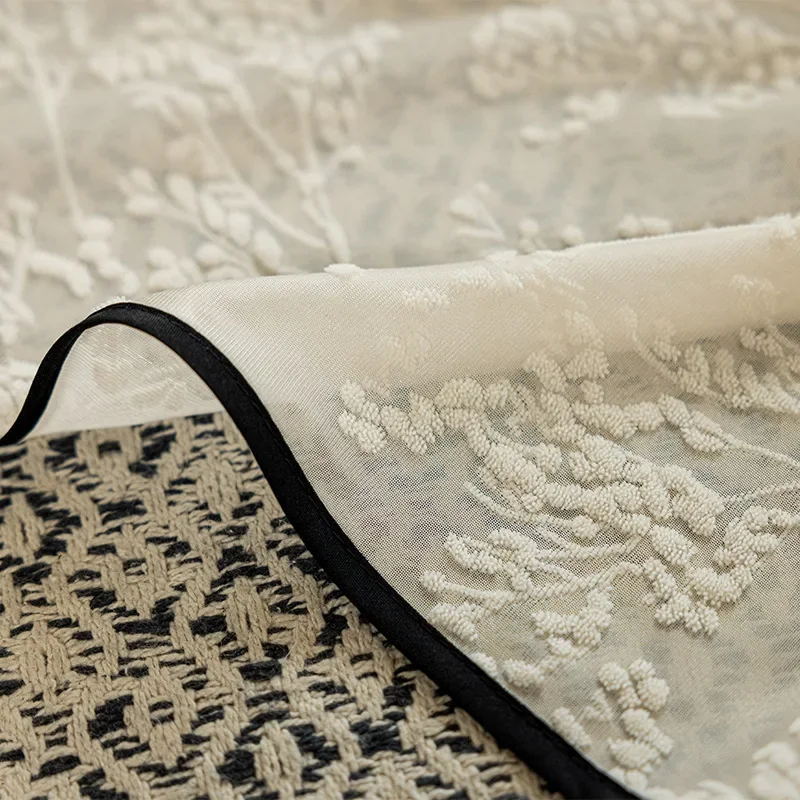 French Linen Curtain Medium Antique Screen Curtain Balcony Bay Window Blackout Black Edge Window Screen Hibiscus White Tulle