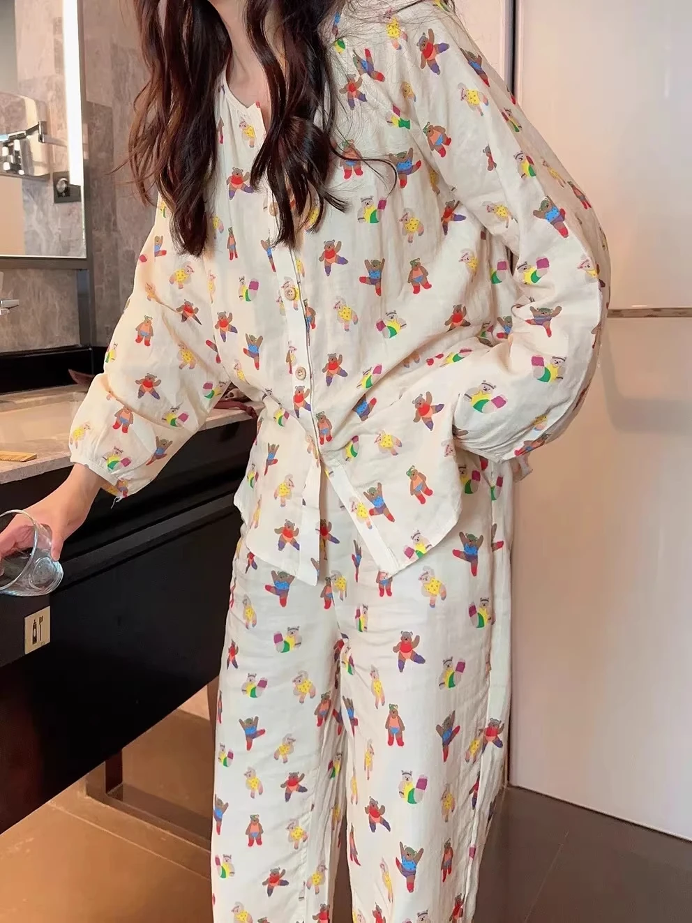plus Size 300 Pounds Cartoon Print Sleepwear Set Cute Sweet Long Sleeve Long Pants Home Clothes Two-Piece Set for Girls