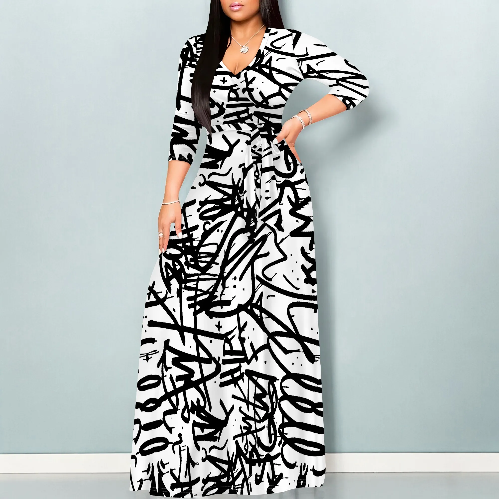 

Women's Black V-Neck Dress with Belt Polyester A-Line Knee Casual Fall Elegant
