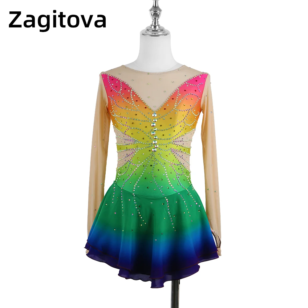 Zagitova Figure Skating Dress For Women Girls Ice Skating Skirt Long Sleeve Princess Gradient Rainbow Color Butterfly Diamonds