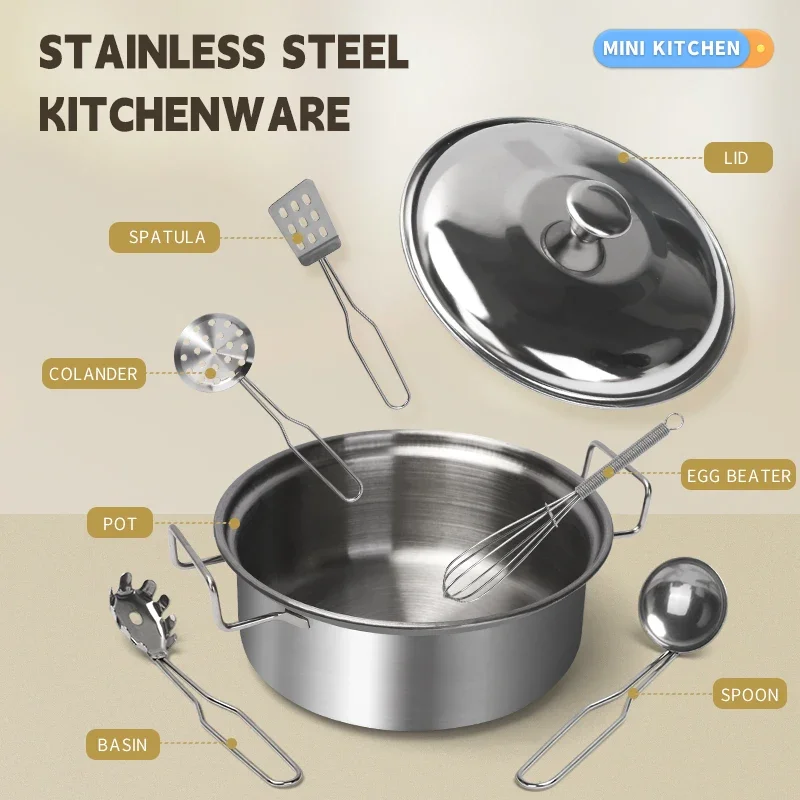 Zestaw zabawek kuchennych dla dzieci ze stali nierdzewnej z prawdziwymi metalowymi przyborami kuchennymi, garnkami i patelniami - akcesoria do zabawy w udawanie dla dzieci