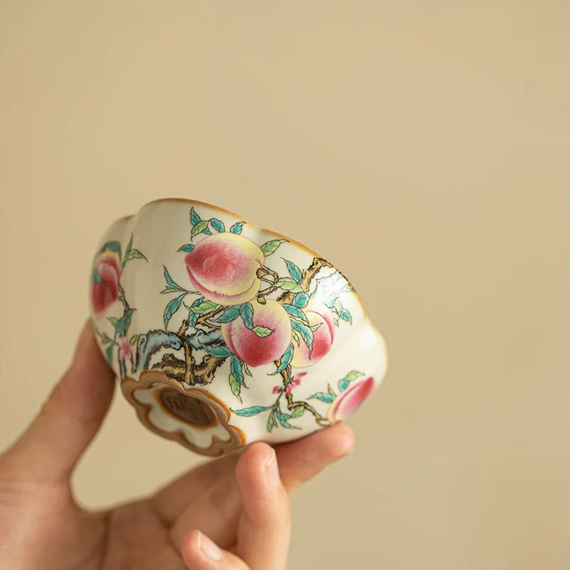Ru Kiln Famille Rose Nine Peach Petal Tea Cup Ceramic Master Teacup Crackle Cultivable Kung Fu Tea Household Tasting Bowl