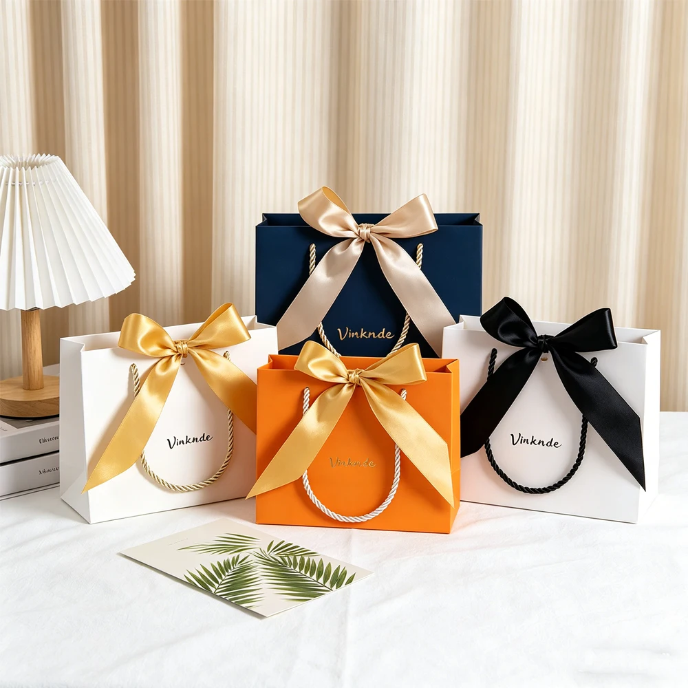 

24Pcs /Lot Custom Logo Jewelry Gift Bags with Handles Elegant Present Bags with Bow Ribbon for Valentine Wedding Bridal Shower