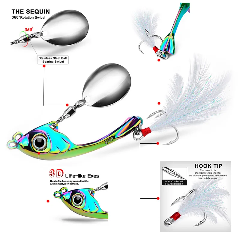 1 Pcs Rotating Sequins Tail Metal Jig VIB Fishing Lure 7g 13g 17g Spinner Spoon Balance Sinking Vibration Wobblers Bait Tackle