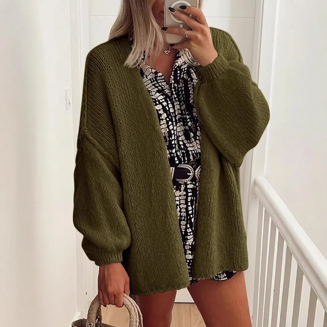 Women's Casual Loose-Fit Solid Color Medium-Length Knit Sweater Cardigan Jacket New Style Cross-Border Fast Selling